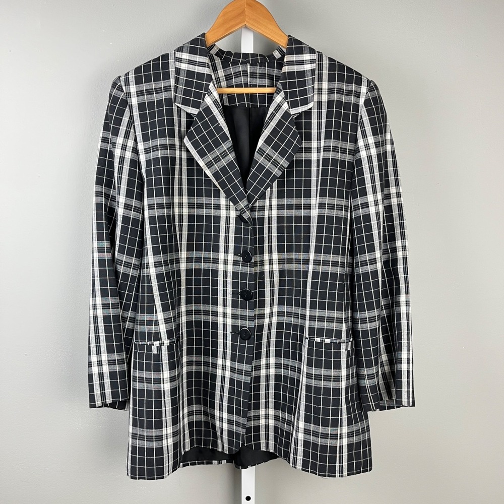 Oversized Blazer Jacket Womens Size 12 Black White Plaid Vintage 80s 90s